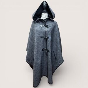 Cole Haan Wool Alpaca Cape Equestrian-Inspired Hooded Poncho Gray Leather Toggle